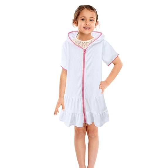 Bwndum Girls White Hooded Towel Dress - Soft 2-in-1 Bath/Beach Cover Up with Ruffled Hem, Front Zipper, Size 150 for 6-10 Year Old Kids,Size 9-10T