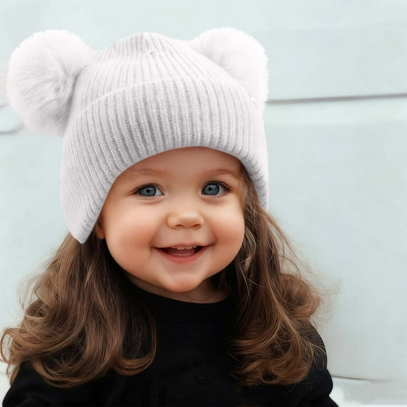 workcargo Girls' White Winter Knit Beanie - Soft Cotton Warm Hat with Pom-Poms, Ribbed Design, Great for Cold Weather/Outdoor/School, One Size Fits Most,Size Free Size