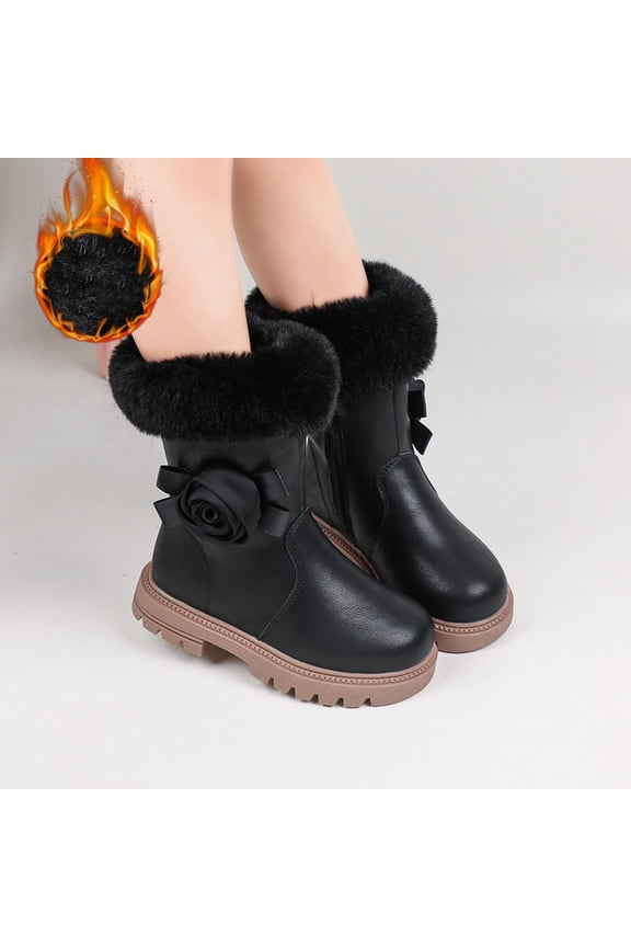 Zunfee Girls Winter Boots for Juniors (Size 26, Black) - PU Material with Furry Collar, Side Zipper & Decorative Bow, Warm Snow Boots for 3-12 Year Olds
