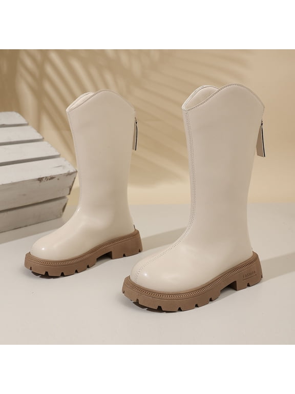 Zunfee Juniors Beige Mid-Calf Boots (Size 30) - Synthetic Leather, Chunky Sole with Back Zipper, Waterproof Durable Kids Daily Wear Shoes