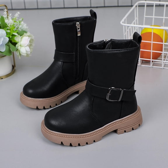 Zunfee Juniors Black Mid-Calf Boots Size 29 - Durable Synthetic Leather, Side Zipper Closure, Non-Slip Sole for Fall Winter School & Outings