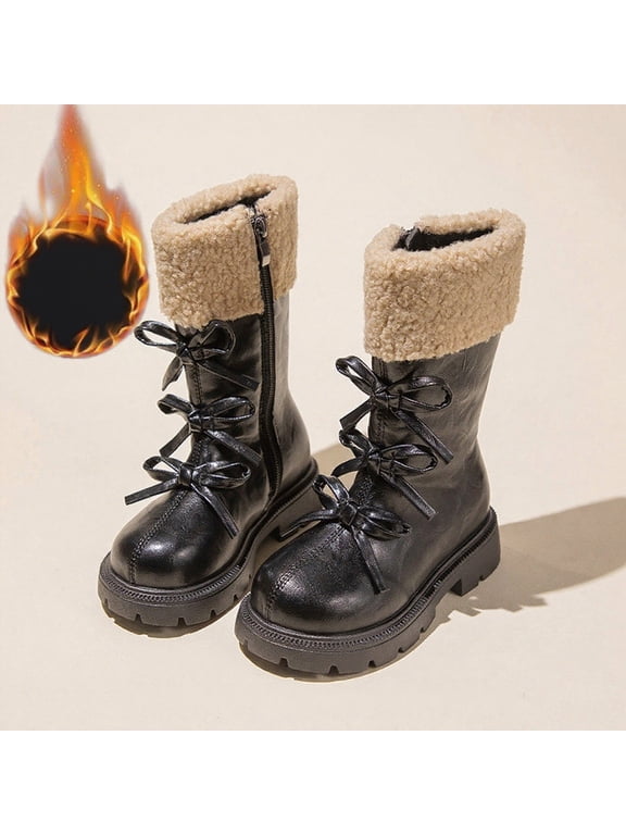 Zunfee Juniors Black Mid-Calf Faux Shearling Boots - Size 28, Side Zipper, Decorative Bow, Waterproof PU, Plush Lining, Non-Slip Sole for Kids' Casual/School