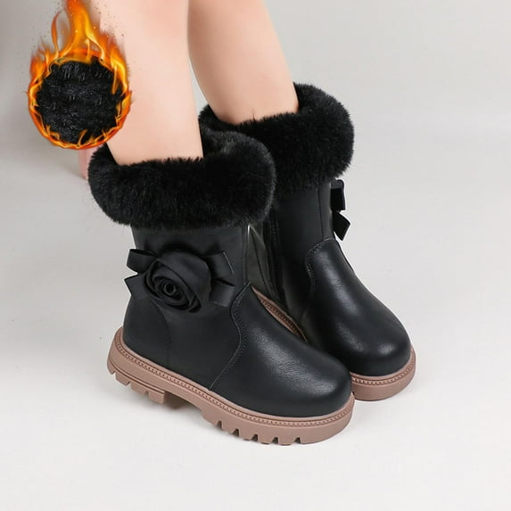 Zunfee Juniors Black Winter Snow Boots for Girls (Size 32) - Warm PU Boots with Furry Collar, Side Zipper & Decorative Bow, Ideal for 3-12 Year Olds