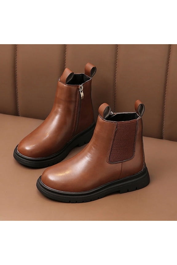 Juniors' Chelsea Boots - Brown, EU Size 32, Faux Leather, Non-Slip Sole, Elastic Side, Cold Weather School Uniform Footwear