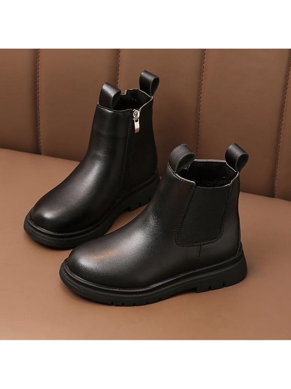 Zunfee Juniors Chelsea Boots Size 29 - Black PU Faux Leather, Elastic Sides & Non-Slip Sole, Durable Easy-Clean for School Winter Daily Wear