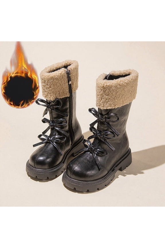 Zunfee Juniors Girls Mid-Calf Faux Shearling Boots - Black, Size 27, Decorative Bow, Side Zipper, Waterproof PU, Plush Lining, Non-Slip Sole for Winter/Casual