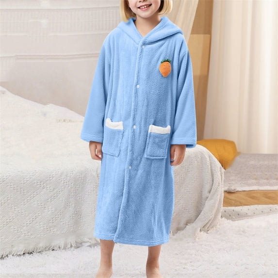 Zunfee Juniors' Hooded Bathrobe - Size L, Blue, 100% Polyester Soft Warm, Machine Washable Button-Front with Chest Carrot Applique for Post-Bath & Home Lounging