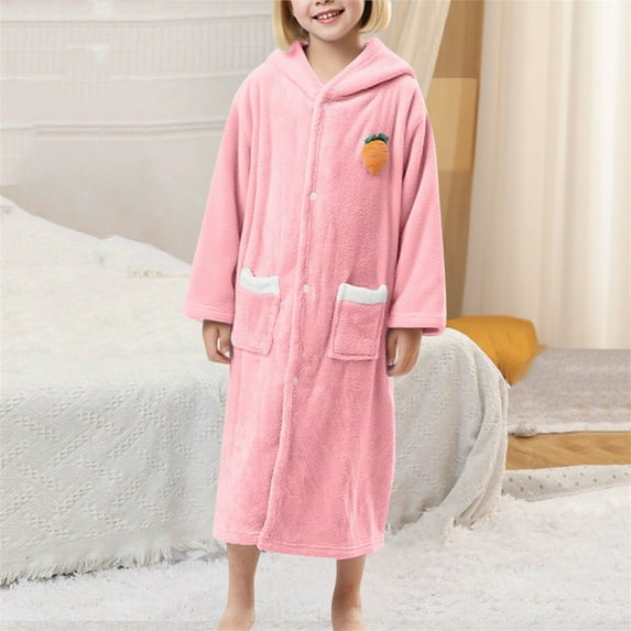 Bwndum Juniors’ Hooded Bathrobe - Soft Warm 100% Polyester, Machine Washable, Carrot Applique, Button-Front with Pockets, Pink, Size L