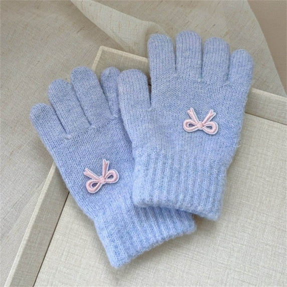 Zunfee Juniors' Knitted Cotton Gloves - Purple with Adorable Bow, Free Size, Soft Warm, Ribbed Cuff for School/Outdoor, Affordable Cute Winter Accessory
