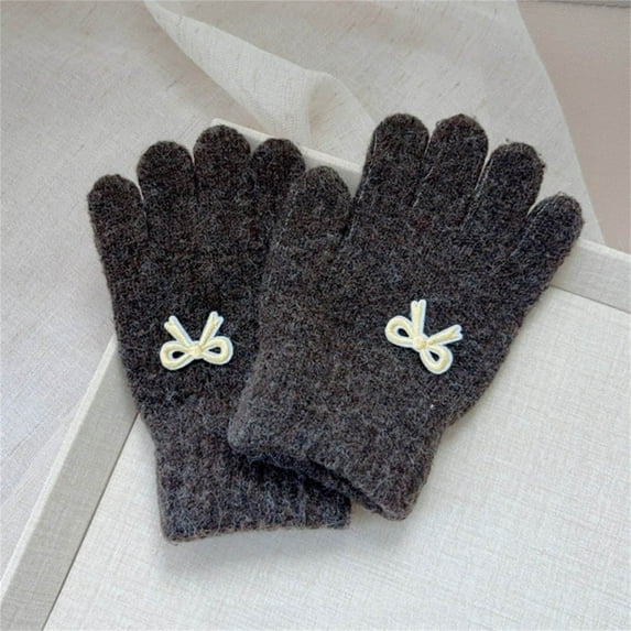 Zunfee Juniors' Knitted Cotton Winter Gloves - Dark Gray, Free Size, Bow Decorated, Breathable Soft, Ribbed Cuffs for School & Outdoor Play, Affordable Cute Gloves
