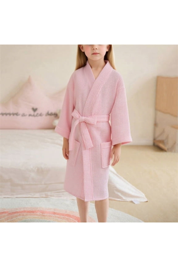 Juniors' Pink Bathrobe Size M - Soft Breathable Waffle Texture Kimono-Style, with Self-Tie Belt & Front Pockets, Ideal for Post-Bath & Home Lounging