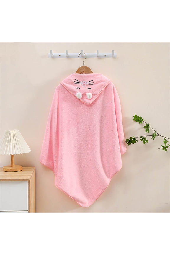 Juniors Pink Hooded Bathrobe - 100% Polyester, Cat Embroidery & Fluffy Pom-Poms, Poncho-Style, Cozy Post-Shower Home Loungewear, Size M