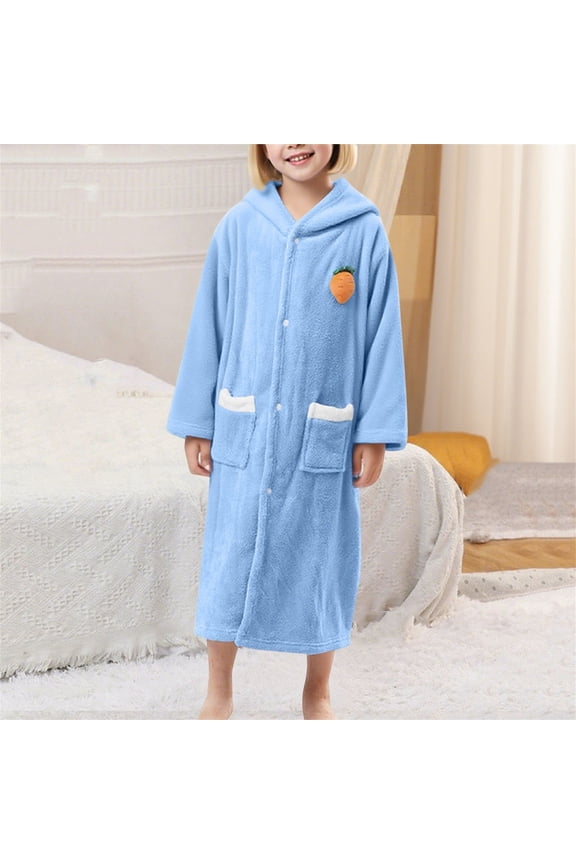 Juniors' Soft Warm Hooded Bathrobe - Size M, Blue, 100% Polyester, Machine Washable Button-Front with Chest Carrot Applique for Home & Post-Bath