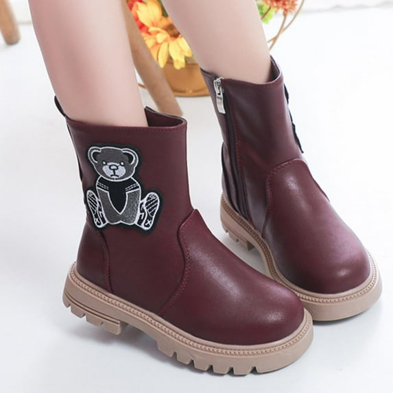 workcargo Juniors' Teddy Bear Embroidered Boots - Wine, Size 36 | Mid-Calf, Faux Leather, Side Zipper, Non-Slip Sole for Kids' School & Outdoor
