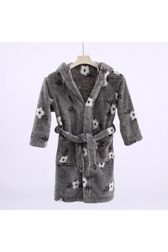 workcargo Juniors Ultra-Soft 100% Polyester Hooded Bathrobe - Dark Gray, Mid-Length with Pockets & Matching Belt, Free Size for Home Lounging/Post-Shower