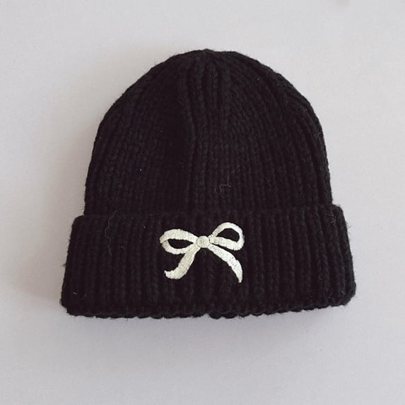 workcargo Juniors' Warm Knitted Cotton Beanie with Embroidered Bow Detail - One Size Fits All, Black for Winter Casual & Outdoor Use