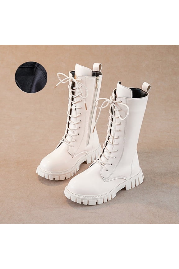 Juniors White Mid-Calf Boots Size 33 - Vegan Synthetic Leather, Lace-Up with Side Zipper, Durable for School & Play