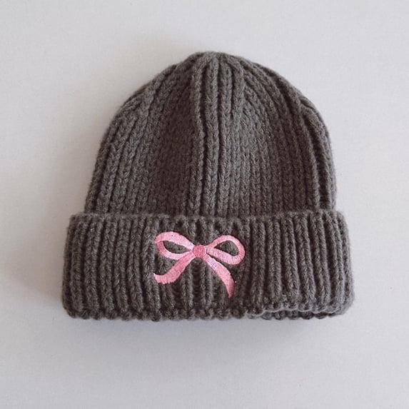 workcargo Juniors' Winter Warm Knitted Cotton Beanie with Embroidered Bow - Free Size, Gray
