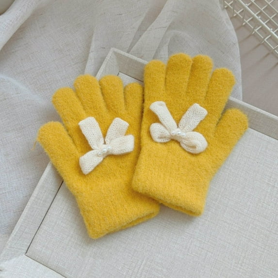 Zunfee Juniors' Yellow Knitted Gloves with Cute Bow Trim - Free Size, Soft Cotton, Warm & Breathable for Winter Daily Wear/Commuting