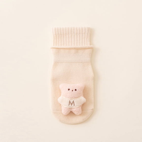 Bwndum Kids Ankle Socks Cotton - Cute 3D Pink Bear, Non-Slip Ribbed Cuff, Reinforced Heel/Toe, White, 1 Pair - Fits 1-3Y (S) / 3-5Y (M) for Daily/Party Wear,Size M