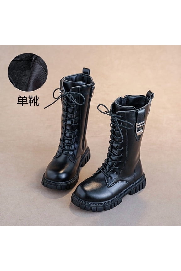 Kids Black Boots Mid-Calf - Faux Leather Lace-Up, Chunky Sole, Non-Slip, Size 27 (Juniors) - Durable for Active Play & School Wear