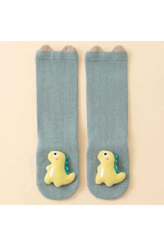 Kids Dinosaur Socks - 100% Cotton Mid-Calf Socks with 3D Plush Dinosaur & Ear Cuff, Soft Breathable Non-Slip for Kidss/Young Kids (2-8Y, Green, S/M),Size M