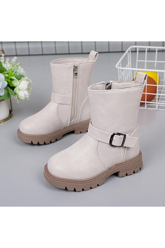 Zunfee Kids Mid-Calf Boots - White, EU Size 26 (US 1Y), Juniors Synthetic Leather Side Zipper Buckle, Water-Resistant Fall Winter Back to School Shoes