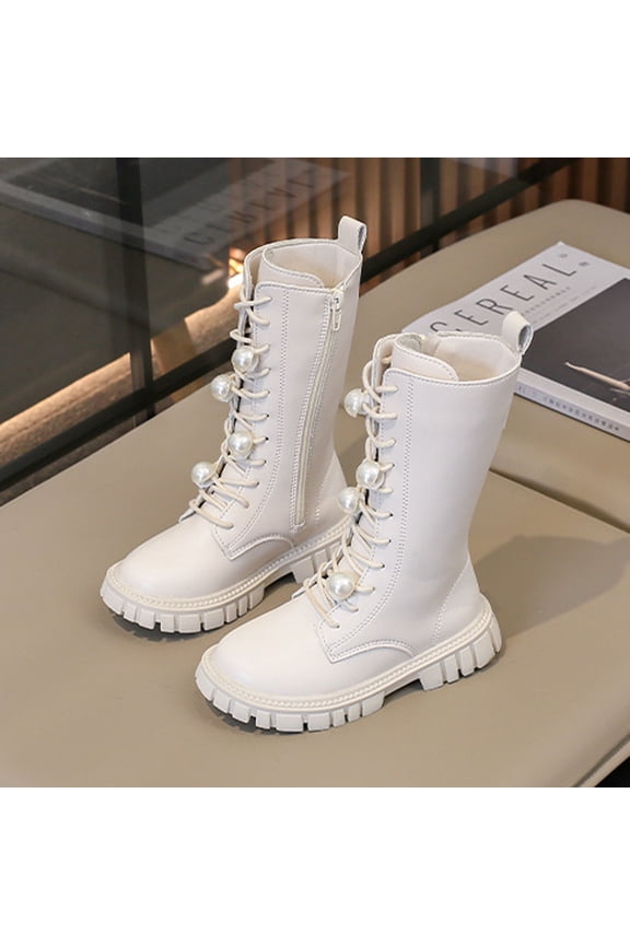 Kids Mid-Calf Chunky Sole Boots, Beige Pearl Embellished, Side Zipper Easy On/Off, Water-Resistant PU, Size 27 for Juniors, School & Casual Wear