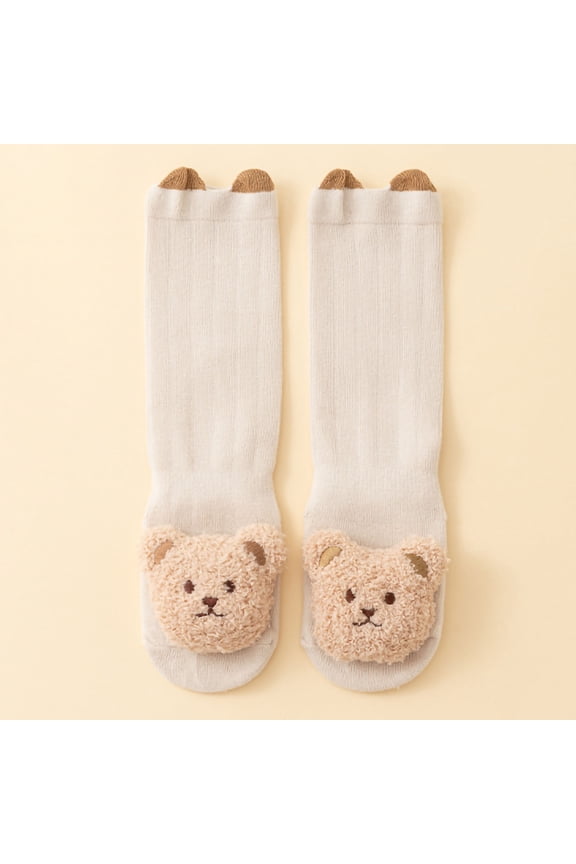workcargo Kids Teddy Bear Socks 100% Cotton - White Knee High Socks for Kidss 2-8Y, Soft Breathable Cute 3D Teddy Head Socks (1 Pair, S/M),Size M