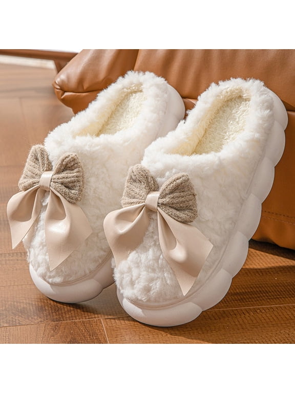 Zunfee Ladies' Indoor House Slippers - Fuzzy Warm with Bow, Non-Slip Cushioned, Beige Color, Size 38 (EU) for Women