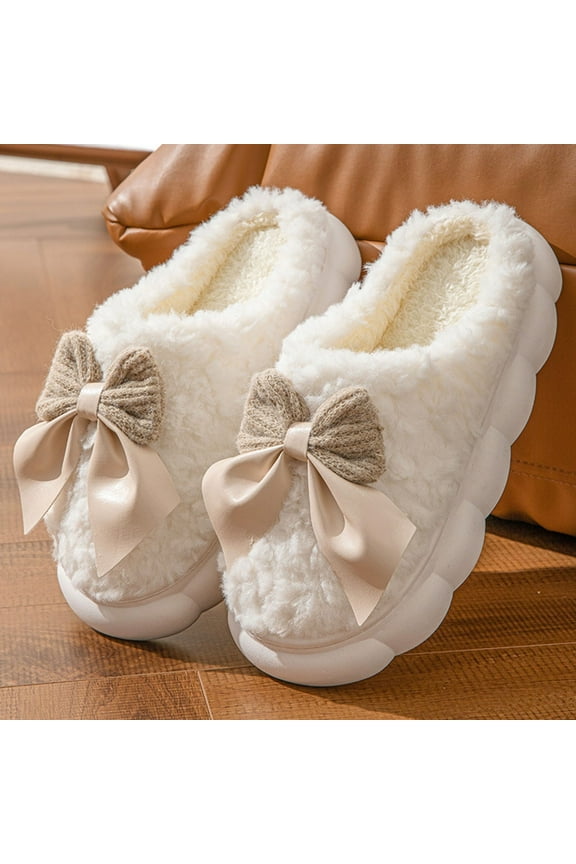 Ladies' Indoor House Slippers - Fuzzy Warm with Bow, Non-Slip Cushioned, Beige Color, Size 38 (EU) for Women