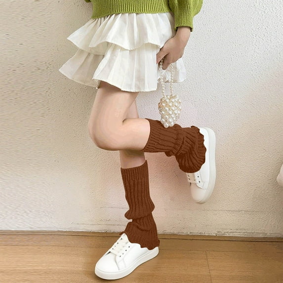 Zunfee Leg Warmers for Juniors - Acrylic Warm Soft Durable, Free Size Coffee Color with Ribbed Knit & Scalloped Edge, 1 Pair