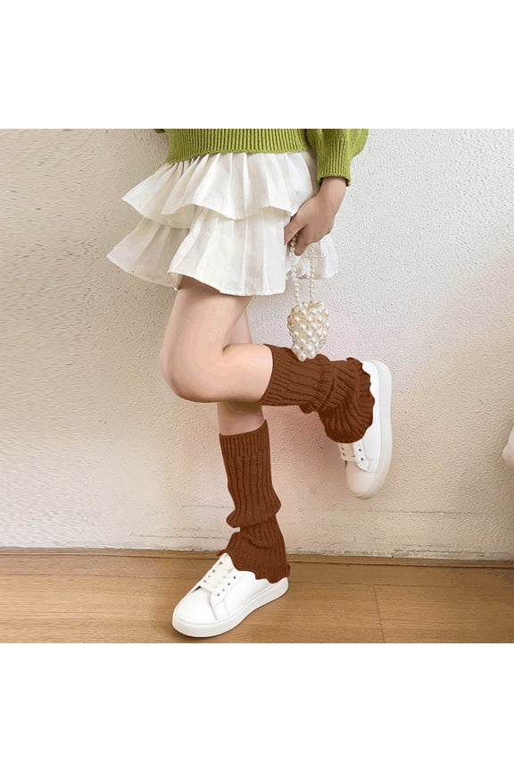 Leg Warmers for Juniors - Acrylic Warm Soft Durable, Free Size Coffee Color with Ribbed Knit & Scalloped Edge, 1 Pair