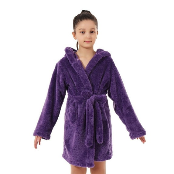 Zunfee Little Girls 6T Purple Bathrobe - 100% Polyester Plush, Soft Warm Hooded Long Sleeve, Easy Care for Post-Bath & Home Loungewear