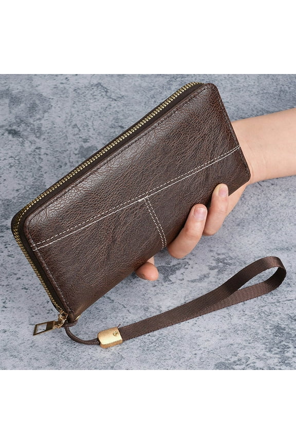 Men's Coffee PU Leather Long Wallet with Wrist Strap, Zipper Closure, Multi-Card Slots, Free Size - Affordable Travel-Friendly Faux Leather Wallet for Daily Use