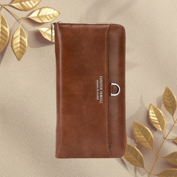 Zunfee Men's Long Bi-Fold Wallet, Coffee Faux Leather with Zipper Closure, Durable Everyday Multicard Wallet, Classic Design for Casual & Work, One Size Fits Most