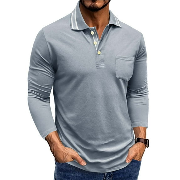workcargo Men's Long Sleeve Polo Shirt - 100% Cotton with Chest Pocket & Striped Collar, Light Blue Size M, Comfortable Tailored Fit for Casual/Business Casual
