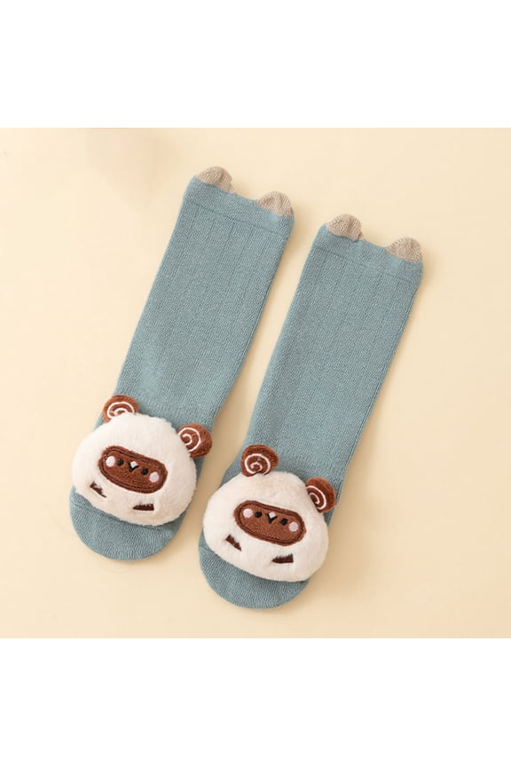 Non-Slip Cotton Kids Socks - 3D Plush Sheep, Long Length, 0-24 Months (S/M), Green/Assorted Colors,Size S