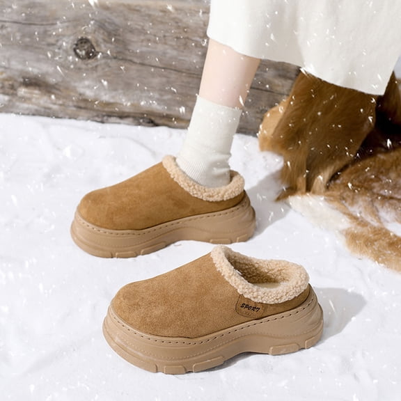 Zunfee Non-Slip Womens Warm Fleece-Lined Slides - Chunky Sole Winter Slip-On Shoes (Khaki),Size 36