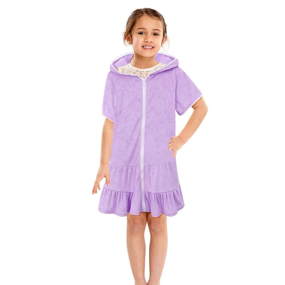Bwndum Pink Girls Towel Dress - Hooded 2-in-1 Bath/Beach Cover Up, Soft Fabric with Ruffled Hem & Front Zipper, Size 150 for 6-10 Year Old Kids,Size 9-10T