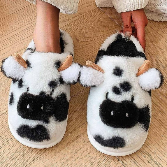 Zunfee Plush Cow House Slippers for Women - Black, US Size 12 (EU 44) | Warm Soft Lining, Non-Slip Sole for Indoor Home Lounging