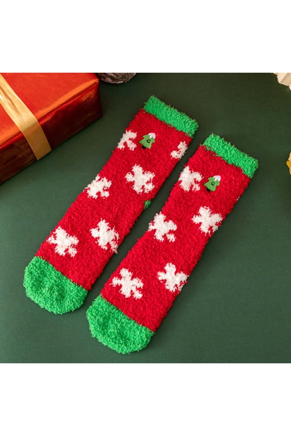 Red Unisex Christmas Socks - Plush Fuzzy Snowflake & Christmas Tree Pattern, Soft Stretchy Warm Cozy Holiday Socks (1 Pair, Free Size),Size Free Size