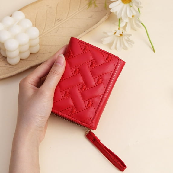 workcargo Red Womens PU Faux Leather Quilted Wallet - Heart Detail, Wristlet Strap & Zipper Closure, Compact Durable Easy Clean Affordable Wallet for Casual Everyday Use,Size Free Size