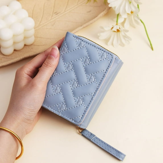 workcargo Sky Blue Womens Quilted PU Faux Leather Wallet - Heart Detail, Wristlet & Zipper Closure, Compact Durable Easy Clean Affordable Wallet for Daily Casual Use,Size Free Size