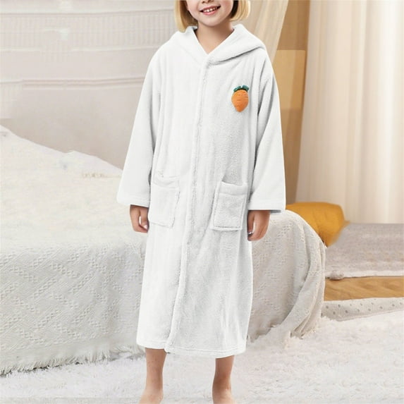 Zunfee Soft Hooded Juniors' Bathrobe 100% Polyester Warm Machine Washable - Button-Front, Carrot Applique & Pockets, White, Size M - Great for Post-Bath & Home Lounging