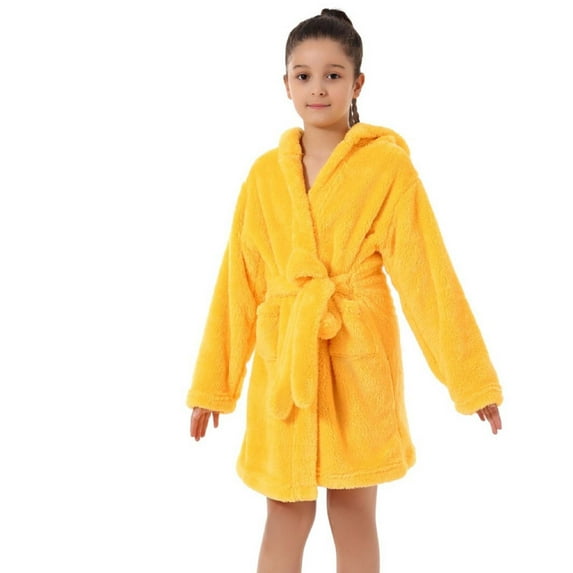 Zunfee Toddler 3T Yellow Bathrobe - 100% Polyester Plush Soft Warm Hooded Robe with Front Pockets for Post-Bath & Home Lounging