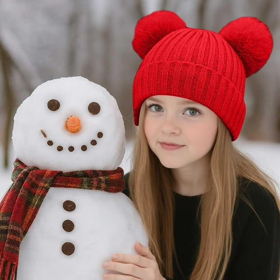 workcargo Warm Kids Beanie for Girls - Cute Pom Pom, Soft Knit Cotton, Adjustable Cuff, One Size Fits Most, Red Color for Winter Daily & Outdoor Wear,Size Free Size