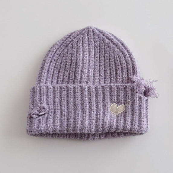 workcargo Warm Knit Cotton Beanie with Heart Embroidery - Purple, One Size Fits Most for Juniors | Fall Winter Casual Headwear