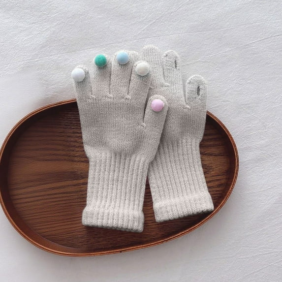 workcargo Warm Knitted Cotton Gloves for Juniors - Beige, Free Size, with Colorful Pom-Poms, Ideal for Winter Daily Use & Outdoor Activities