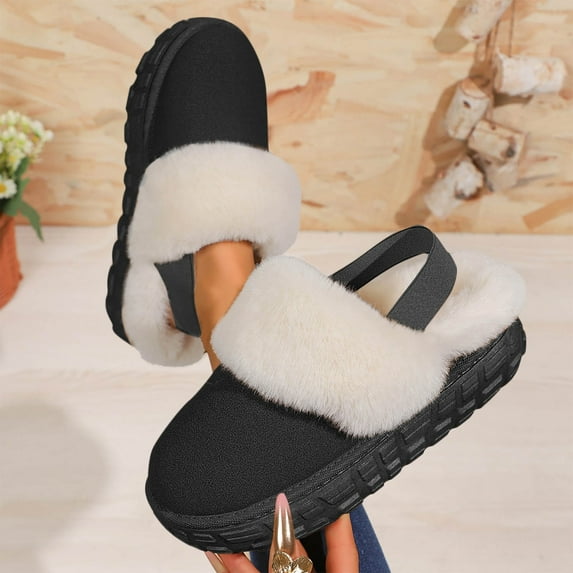 Zunfee Warm Women's Black Fuzzy Slippers - Fur-Lined Non-Slip, Indoor-Outdoor, US Size 9 (EU 40)
